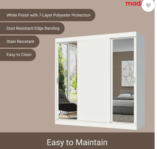 Madesa Reno Couple Wardrobe Engineered Wood 3 Door Wardrobe (Finish Color - White, Mirror Included, Knock Down)