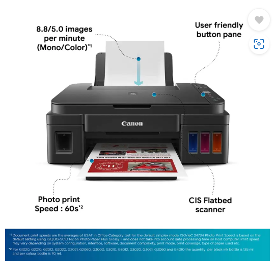 Canon PIXMA MegaTank/Ink Efficient G2012 Multi-function Color Ink Tank Printer (Color Page Cost: 0.32 Rs. | Black Page Cost: 0.09 Rs.) with 2 additional Black (6 Ink Bottles Included)