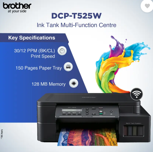 brother DCP-T525W All-in-One Refill Multi-function WiFi Color Ink Tank Printer (Borderless Printing) ideal for Home & Office Usage with 1 Additional Black Ink Bottle (5 Ink Bottles Included)