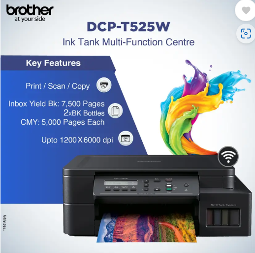 brother DCP-T525W All-in-One Refill Multi-function WiFi Color Ink Tank Printer (Borderless Printing) ideal for Home & Office Usage with 1 Additional Black Ink Bottle (5 Ink Bottles Included)