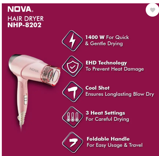 NOVA NHP 8202 Hair Dryer  (1400 W, Pink)