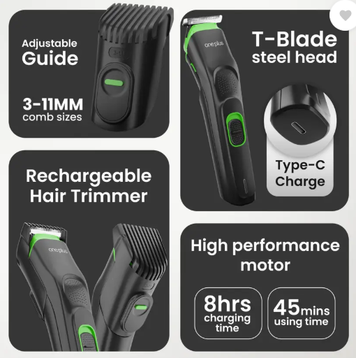 One Plus OP 11 Cordless Professional Hair Trimmer Titanium coated blade waterproof Trimmer 120 min Runtime 12 Length Settings (Black, Green)