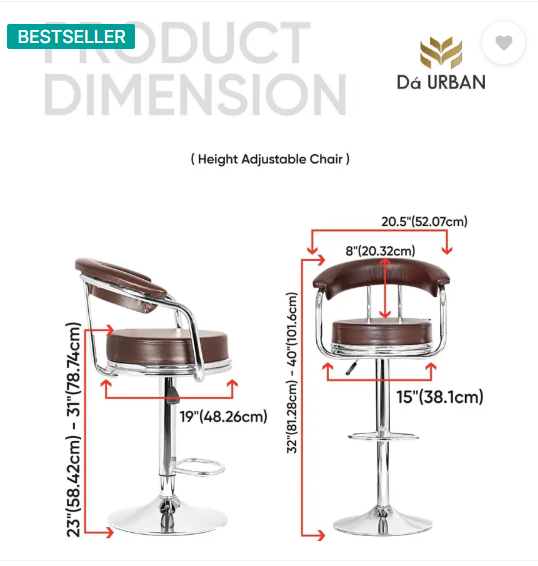 Da URBAN Classic Brown Revolving | Height Adjustable | Kitchen / Café / Stores | Leatherette Bar Stool  (Finish Color - Brown, DIY(Do-It-Yourself))