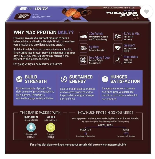 RiteBite Max Protein Daily Choco Almond 10g Protein Bars with 5g Fiber, 0 Added Sugar Protein Bars (300 g, Chocolate Almond)