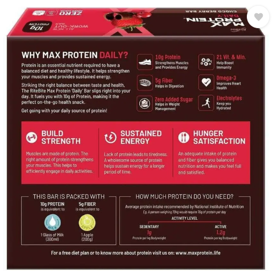 RiteBite Max Protein Daily Choco Berry 10g Protein Bars with 5g Fiber, 0 Added Sgar Protein Bars (300 g, Choco Berry)