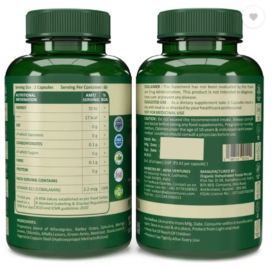 Nutrabud Organics Plant Based Vitamin B12 Supplement | Supports Nervous System (120 Capsules)