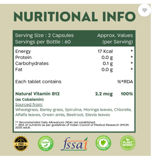 Nutrabud Organics Plant Based Vitamin B12 Supplement | Supports Nervous System (120 Capsules)