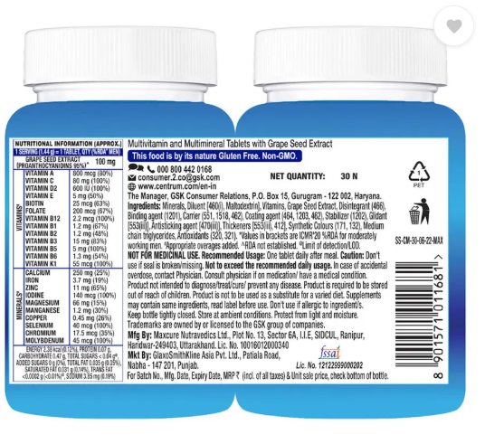 Centrum Men|Supports Overall Health (Veg) | World's No.1 Multivitamin (30 Tablets)