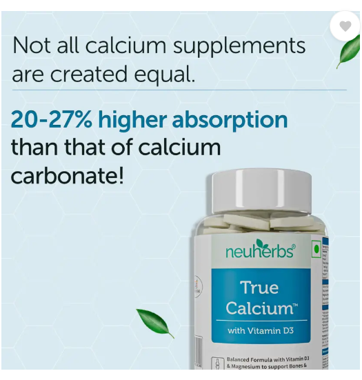 Neuherbs True Calcium Supplement For Men & Women With Vitamin D3, Magnesium, Bone Health (60 Tablets)