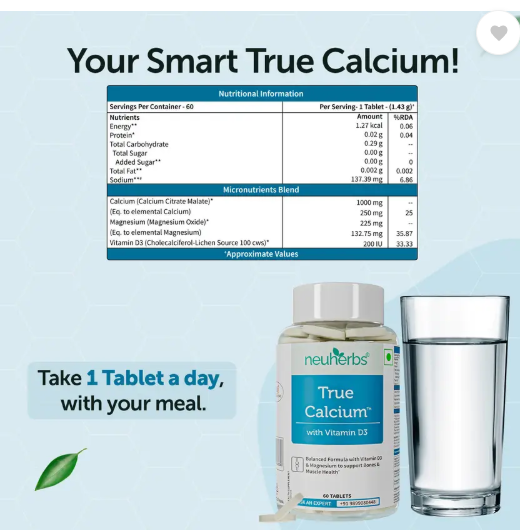 Neuherbs True Calcium Supplement For Men & Women With Vitamin D3, Magnesium, Bone Health (60 Tablets)
