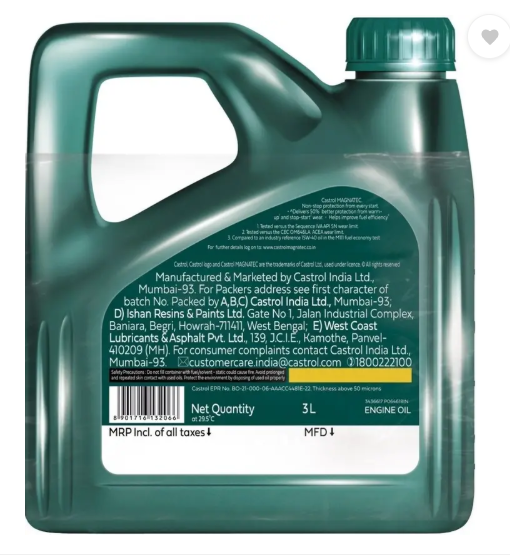 Castrol MAGNATEC 5W-30 API SP ACEA C2 Full-Synthetic Engine Oil (3 L, Pack of 1)