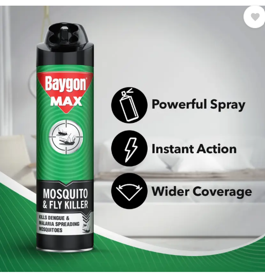 Baygon Max Mosquito & Fly Killer Spray, Kills Dengue & Malaria Mosquitoes Instantly (400 ml)