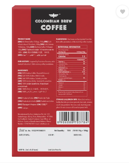 Colombian Brew Colombain Brew Coffee Arabica Original Hot Brew 10 Bags, 10 Cups Instant Coffee  (100 g)