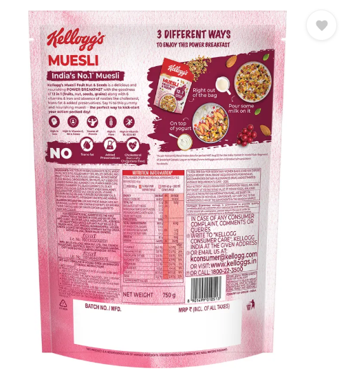 Kellogg's Muesli Fruit Nut & Seeds, 12-in-1 Power Breakfast Cereal Pouch  (750 g)
