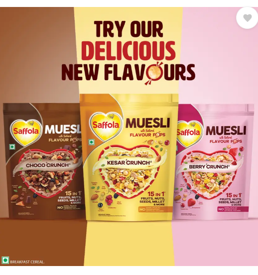 Saffola Muesli Kesar Crunch with Flavour Pops, 15 in 1 Fruit, Nuts, Millet & more Pouch  (450 g)