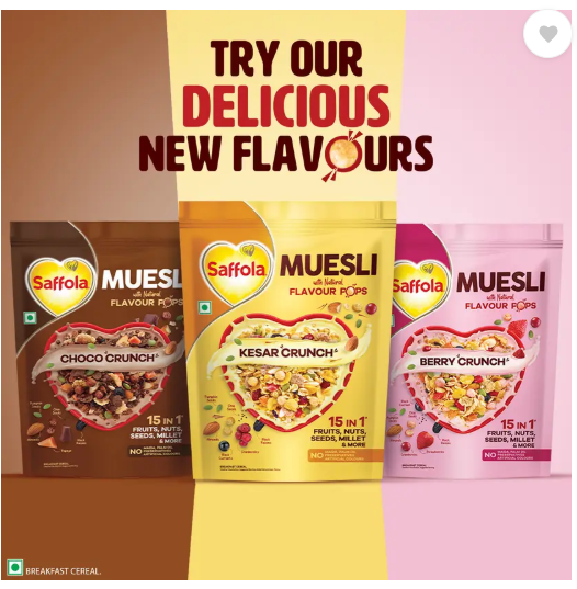 Saffola Muesli Kesar Crunch with Flavour Pops, 15 in 1 Fruit, Nuts, Millet & more Pouch  (450 g)