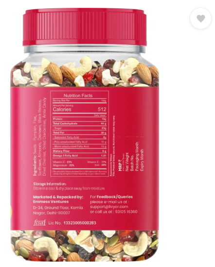 LIVYOR Healthy Mix Nuts, Seeds and Berries Combo | Super Nutritious Food | Dry Fruits Trail Mix with Seeds, Berries  (1 x 200 g)