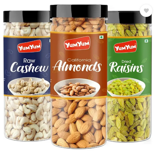 YUM YUM Premium Jumbo Almond (150g) Cashew (150g) and Raisins (150g) 450g Dry Fruits Combo Pack- Almonds, Cashews, Raisins  (3 x 150 g)