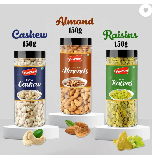 YUM YUM Premium Jumbo Almond (150g) Cashew (150g) and Raisins (150g) 450g Dry Fruits Combo Pack- Almonds, Cashews, Raisins  (3 x 150 g)