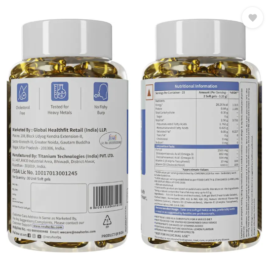 Neuherbs Deep Sea Fish Oil 2500 Mg(Omega 3 1486 mg; 892 mg EPA; and 594 mg DHA per serving) (2 x 30)