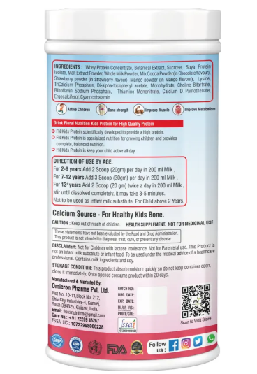 Floral Nutrition Kids Protein Powder with DHA,Vitamin-D for Growth,Immunity, Active & Strong Kid Nutrition Drink  (400 g, Strawberry Flavored)