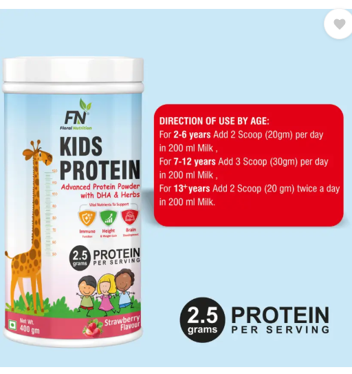 Floral Nutrition Kids Protein Powder with DHA,Vitamin-D for Growth,Immunity, Active & Strong Kid Nutrition Drink  (400 g, Strawberry Flavored)