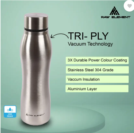Raw Element Stainless Steel Bottle for School, Office & Travel 1000 ml Water Bottle (Set of 1, Silver)