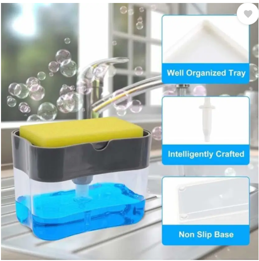 Crizer Soap dispenser Pump with Sponge Plastic Liquid Soap Dish Soap Lotion Press-Type Pump Dispenser unbreakable soap dispenser sponge caddy for kitchen soap scrub for kitchen Sink Dishwasher(380 ML,4"H x 5.5"L x 3.5"W) Scrub Sponge  (Regular)