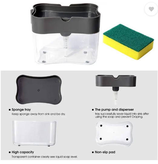 Crizer Soap dispenser Pump with Sponge Plastic Liquid Soap Dish Soap Lotion Press-Type Pump Dispenser unbreakable soap dispenser sponge caddy for kitchen soap scrub for kitchen Sink Dishwasher(380 ML,4"H x 5.5"L x 3.5"W) Scrub Sponge  (Regular)