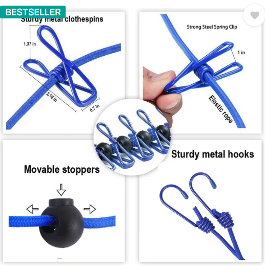 VARNIRAJ IMPORT & EXPORT Clothes Hanging 2 Hook Drying Rope 12 Clips Portable Outdoor Travel Clotheslin Plastic, Steel Retractable Clothesline  (1.8 m)
