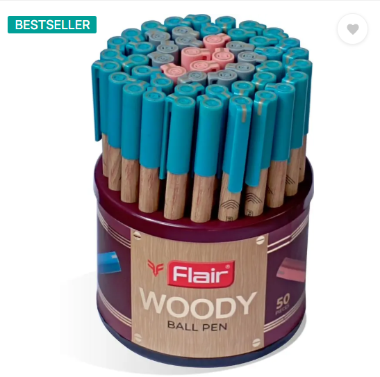 FLAIR Woody 0.7 mm Stand | Attractive Woody Design | Smooth Ink Flow System Ball Pen (Pack of 50, Ink Color - Blue, Black, Red)