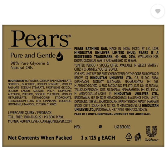 Pears Pure & Gentle Soap Bar ,Paraben-Free For Soft Skin  (3 x 125 g)