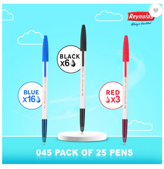 Reynolds 045 Ball Pen (Pack of 25, Ink Color - Blue,Black & Red)