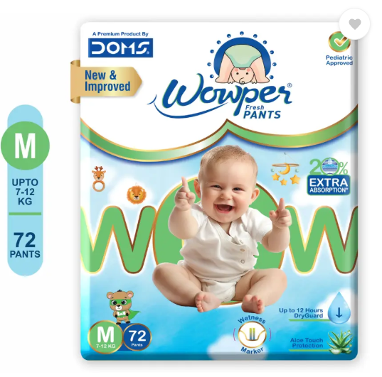 Wowper Fresh Baby Diaper Pants | Medium | 7-12 Kgs | Wetness Indicator - M  (72 Pieces)