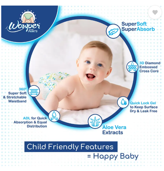 Wowper Fresh Baby Diapers Pants by Doms|Wetness Indicator| Upto 12Hrs Absorb | 7-12 Kg - M (144 Pieces)