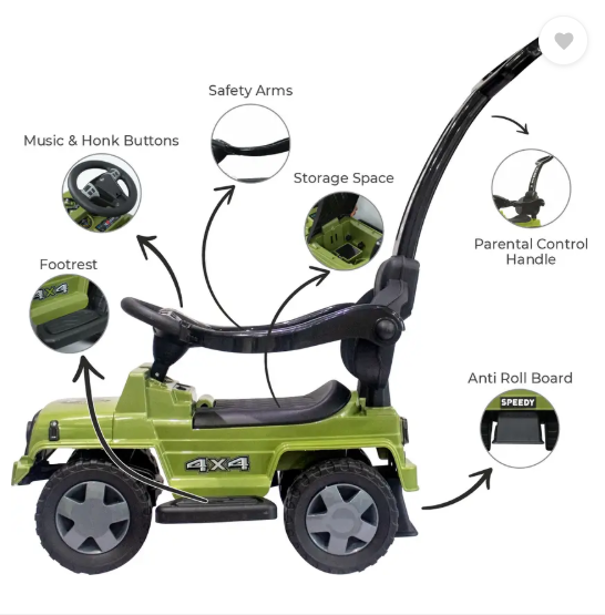 JoyRide Jeep+ Speedy RideOn for Kids with Music Back Support,Safety Arms,Parental Handle (Green)