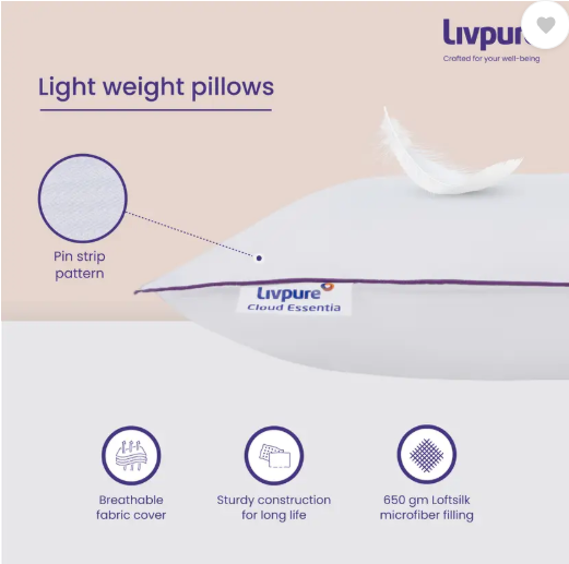 Livpure Smart Cloud Essentia Microfibre Solid Sleeping Pillow Pack of 2 (White)