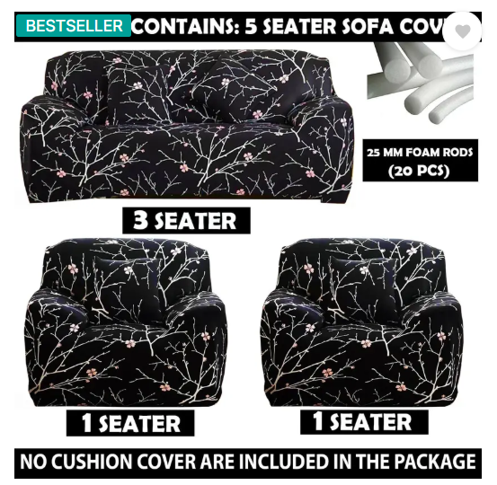 Gifts Island Polyester Floral 3+1+1 Seater Sofa Cover (Black Stem Pack of 3)