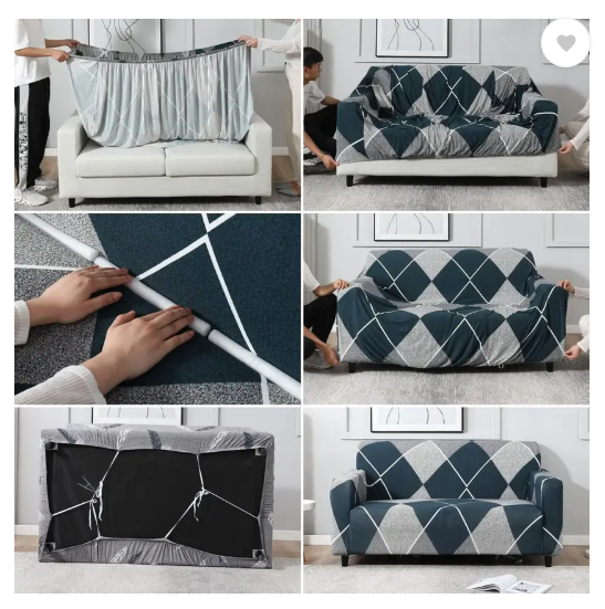 B BESTILO Polyester Checkered 4 Seater Sofa Cover (Blue Pack of 1)