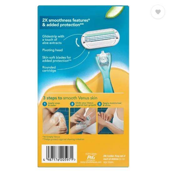 Gillette Venus Smooth Combo pack | Razor plus 2 refills | Aloe vera smooth, Women
