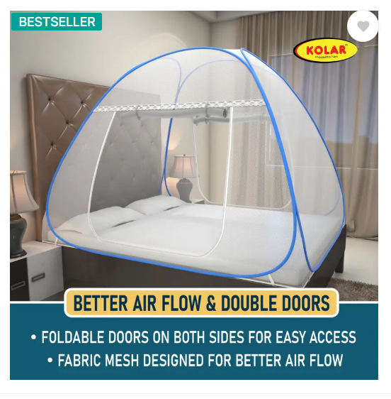 Kolar Polyester Adults Washable Double Bed Machardani, 6.5 Feet x 6.5 Feet King Size Premium Mosquito Net  (Blue, Tent)