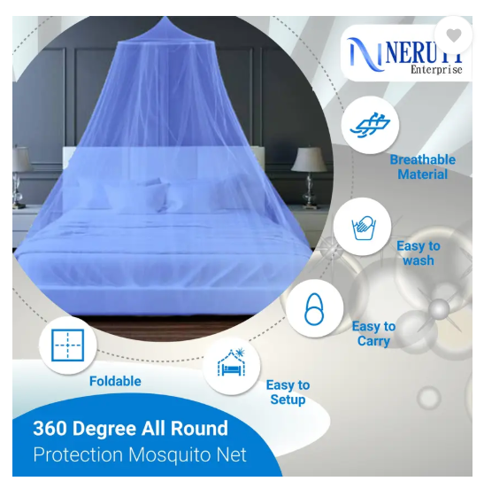 Neruti Enterprise Polyester Adults Washable Double bed (Round) Mosquito Net  (Blue, Ceiling Hung)