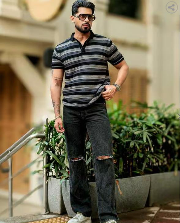 MANIAC Men Stripes Slim Fit Polo T-shirt