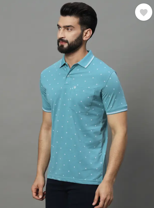 UNIBERRY | Men Printed Polo Neck Cotton Blend Blue T-Shirt