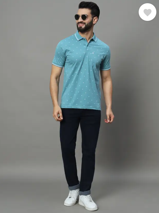 UNIBERRY | Men Printed Polo Neck Cotton Blend Blue T-Shirt