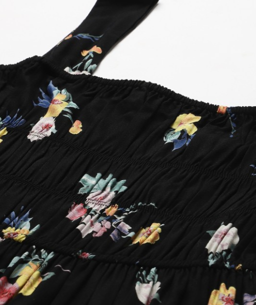 EVERYDAY by ANI | Black & Yellow Floral Print Smocked Midi Fit & Flare Dress