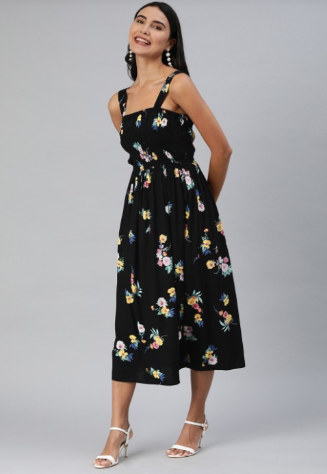EVERYDAY by ANI | Black & Yellow Floral Print Smocked Midi Fit & Flare Dress