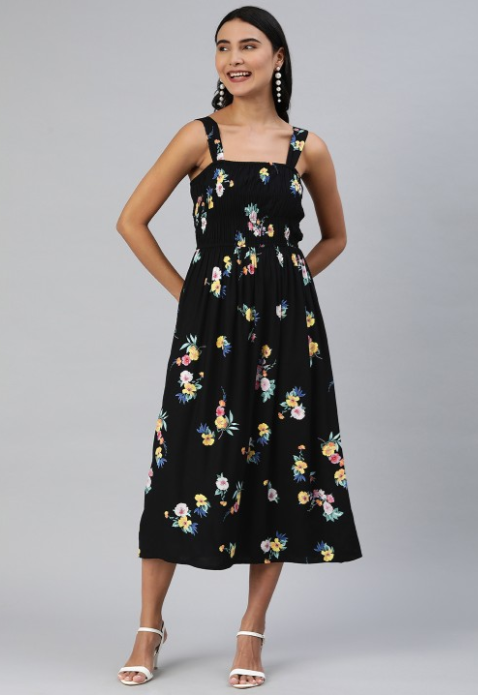 EVERYDAY by ANI | Black & Yellow Floral Print Smocked Midi Fit & Flare Dress