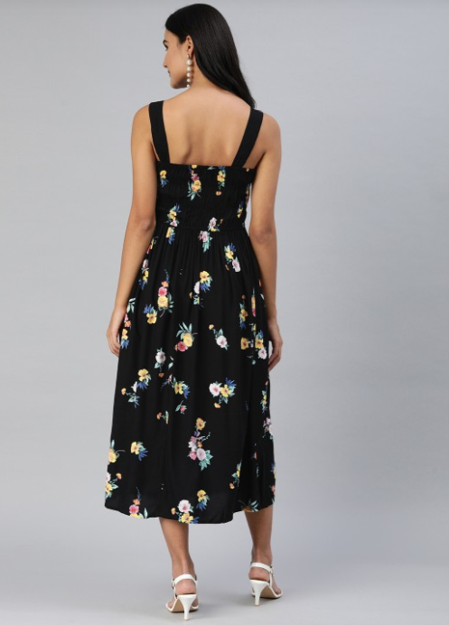 EVERYDAY by ANI | Black & Yellow Floral Print Smocked Midi Fit & Flare Dress