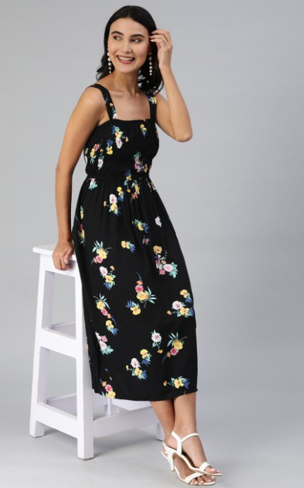 EVERYDAY by ANI | Black & Yellow Floral Print Smocked Midi Fit & Flare Dress
